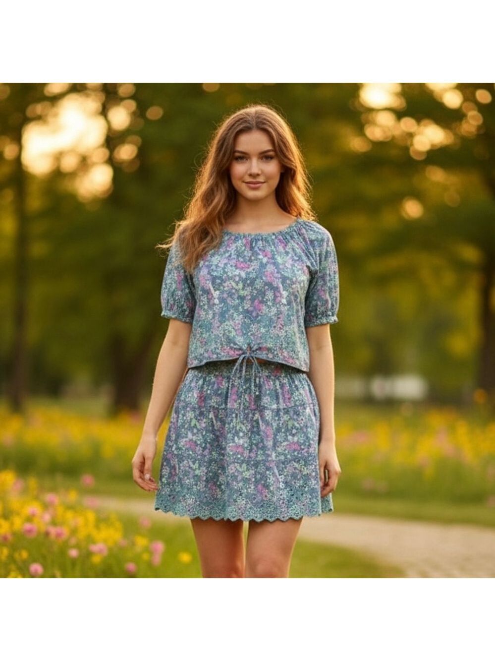 JENNIFER & Grace Top & Skirt Set Embroidered Scalloped neck Floral Size L and XL